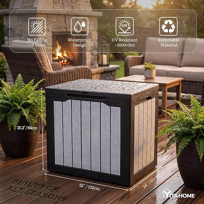 YITAHOME 30 Gallon Deck Box, Waterproof Resin Outdoor Storage Box, Doubles as Bench Seating for Patio Furniture Cushions,Garden Tools & Pool Accessories, Black & Gray