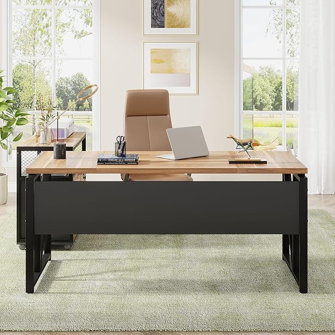 Tribesigns 63" Executive with Drawer Cabinet, L Shaped Desk and Lock lateral File Cabinet, 2 Piece Home Office Furniture Set with Drawers for Hanging File, (Brown, 63 inches)