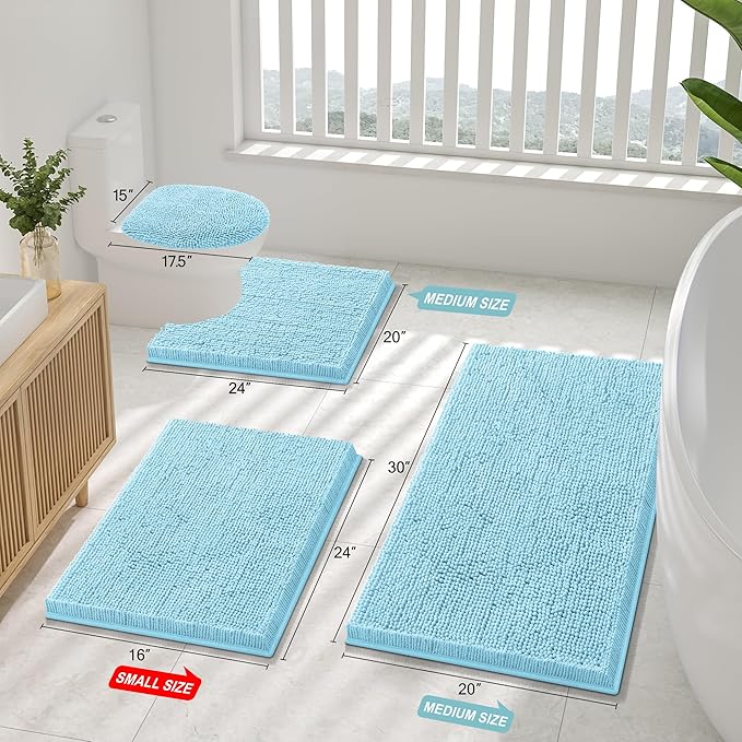 Smiry Luxury Chenille Bathroom Rugs 24x16, Extra Soft and Absorbent Shaggy Bath Mat, Machine Washable, Non-Slip Plush Carpet Runner for Tub, Shower, and Floor, Home Decor Accessories, Sky Blue