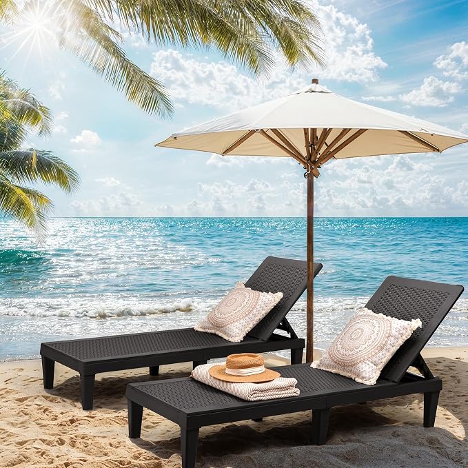 Greesum Outdoor Chaise Lounge Chairs Set of 2 with Adjustable Backrest, Waterproof PE Easy Assembly, Lightweight for Patio, Poolside, Beach, Yard, Black