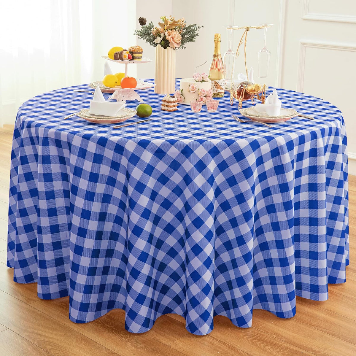 Waterproof Plaid Tablecloth Fabric - Round 108 Inch Classic Gingham Checker Table Cloth for Indoor/Outdoor Use - Buffalo Table Cover for Picnics, BBQs, and Parties