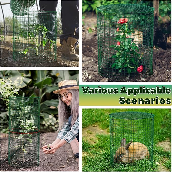 Hiboom 4 Pack Garden Plant Protectors from Animals with Stakes, Metal Mesh and Detachable Covers Wire Plant Cage for Keeping Bunny Animals Out, Chicken Wire Cover Garden Protect (12 * 13 in)