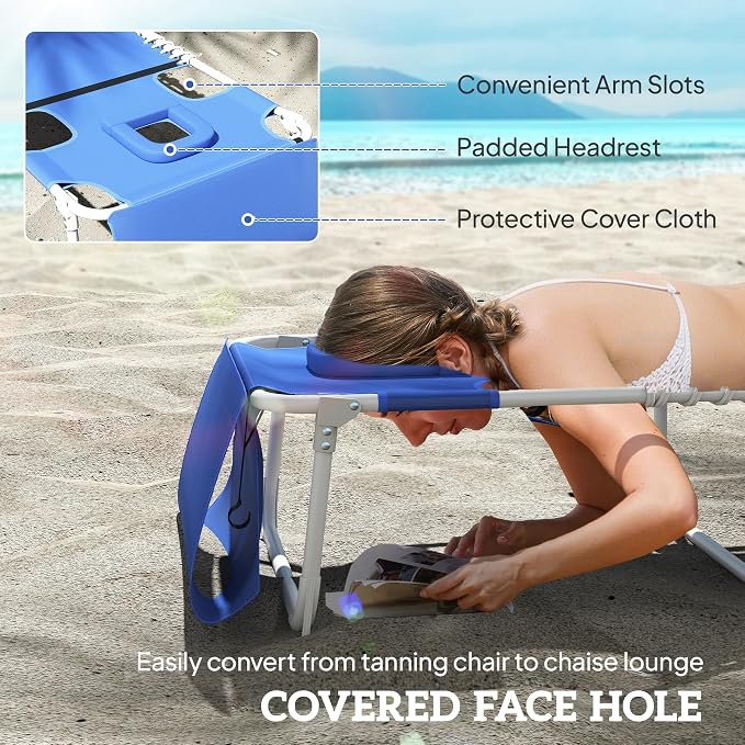 Outsunny Tanning Chair with Face Hole, Side Table, 5-Position Reclining Folding Chaise Lounge Chair Outdoor Lounger Recliner, Carry Straps for Beach Pool Camp, Breathable Mesh, Navy Blue