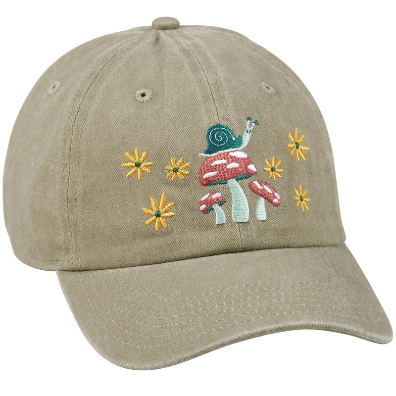 Primitives by Kathy Baseball Cap, Mushrooms Full Color Design, Stonewashed Khaki, Adjustable fit Metal Buckle