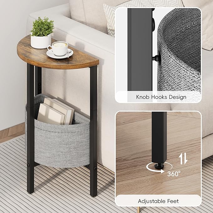 Vagusicc Small Round Side Table, Accent End Table with Storage Basket, Set of 2 Half Round Coffee Table End Table, Half Moon Bedside Table, Modern Nightstand Couch Table for Living Room Bedroom, Brown