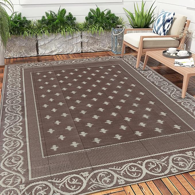 Pauwer 9'x12' Reversible Outdoor Rug, Waterproof Plastic Straw Area Rug for Patios, RV Mat, Camping, Picnic, Beach, Balcony, Pet Friendly, Lightweight