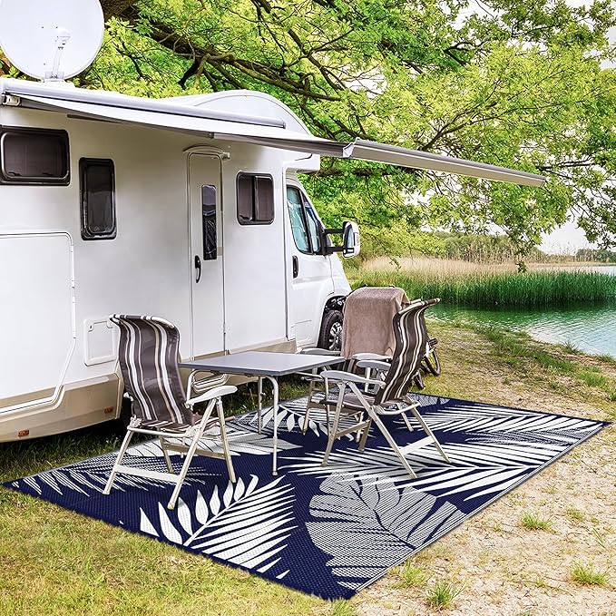GENIMO Outdoor Rug 4' x 6' Waterproof for Patios Clearance, Reversible Outdoor Plastic Straw Camping Rug Carpet, Large Area Rugs Mats for RV, Camper, Deck, Balcony, Porch, Beach, Navy Blue&White