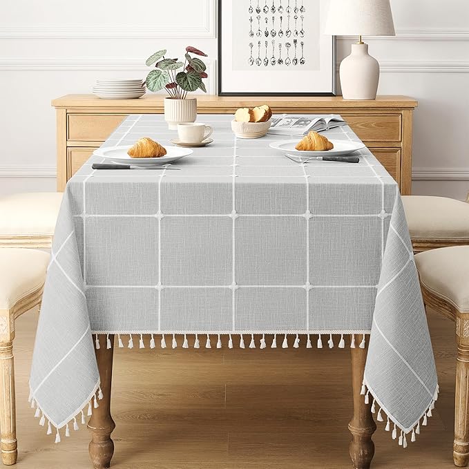 puredown® Plaid Rectangle Tablecloth, Waterproof Cotton Linen Tablecloth with Tassel, Rustic Farmhouse Table Cloths for Kitchen Dining Outdoor, 55"x86",6-8 Seats, Gray