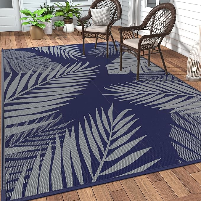 GENIMO Outdoor Rug 4' x 6' Waterproof for Patios Clearance, Reversible Outdoor Plastic Straw Camping Rug Carpet, Large Area Rugs Mats for RV, Camper, Deck, Balcony, Porch, Beach, Picnic Navy Blue&Grey