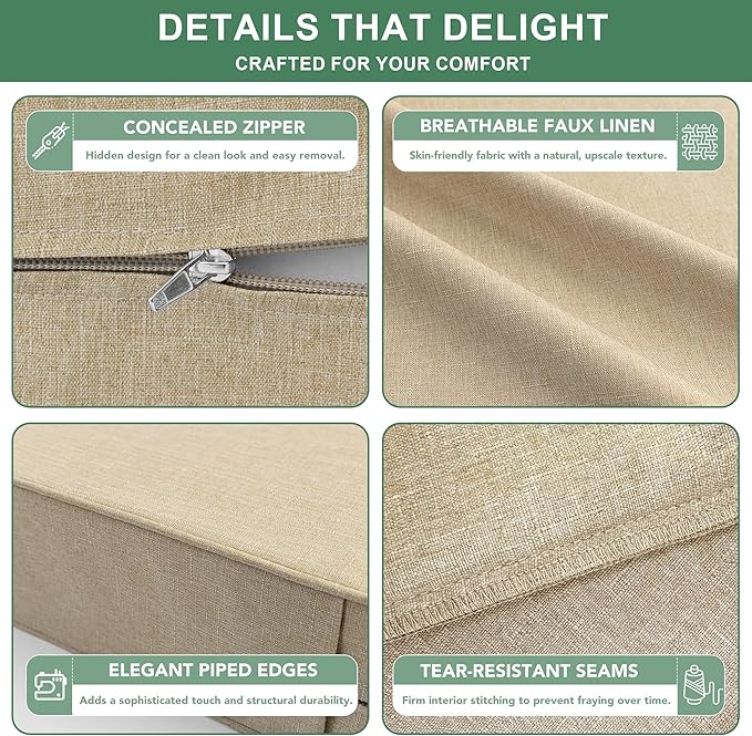 Summsun Outdoor Chair Cushions 24 x 24 Inch, Faux Linen Patio Furniture Cushions, Water Resistant Backrest and Deep Seat Cushion Set with Ties, Removable Cover, Non-Slip Bottom, Nature
