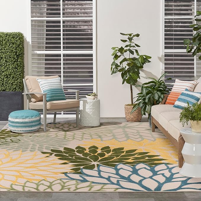 Nourison Home Aloha Indoor-Outdoor Green Multicolor 10' x 14' Area Rug, Easy Cleaning, Non Shedding, Bed Room, Living Room, Dining Room, Backyard, Patio, Deck (10x14)