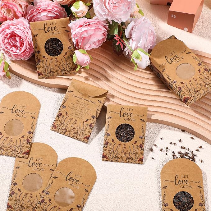 Fumete 50 Pcs Let Love Grow Seed Packets Cool Wedding Favors for Guests Kraft Envelope Kraft Bag with Window Flower Resealable Seed Storage Packets for Wedding Party Favors Bridal Shower