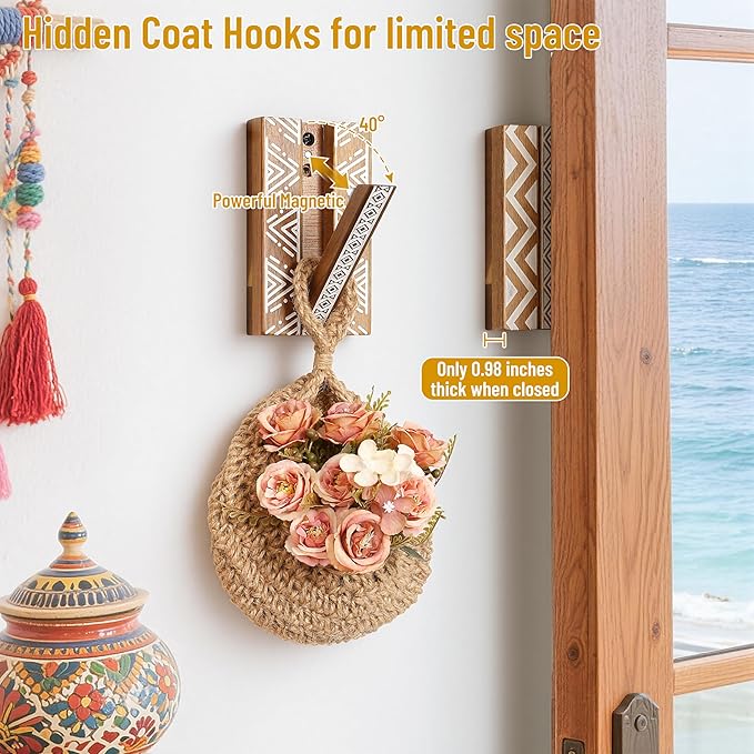 Boho Foldable Wall Hooks: Decorative Wooden Coat Hooks 2Pack Mounted
