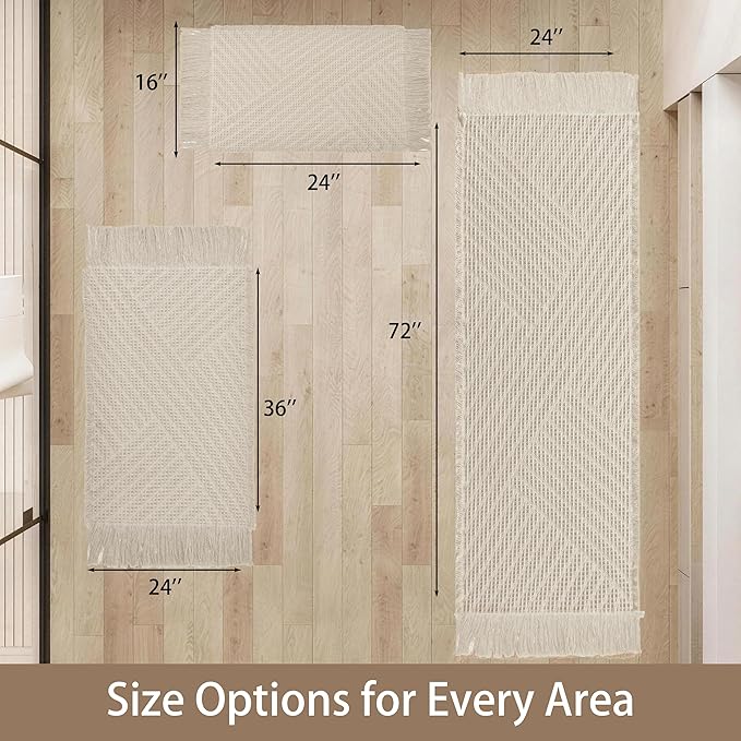 Waffle Bath Mat Non Slip, Boho Bathroom Rug, Super Absorbent Quick Dry Bathroom Mat, Soft Farmhouse Bath Rug with Tassels, Small Washable Shower Mats for Floor 20"x32", Tassels Cream