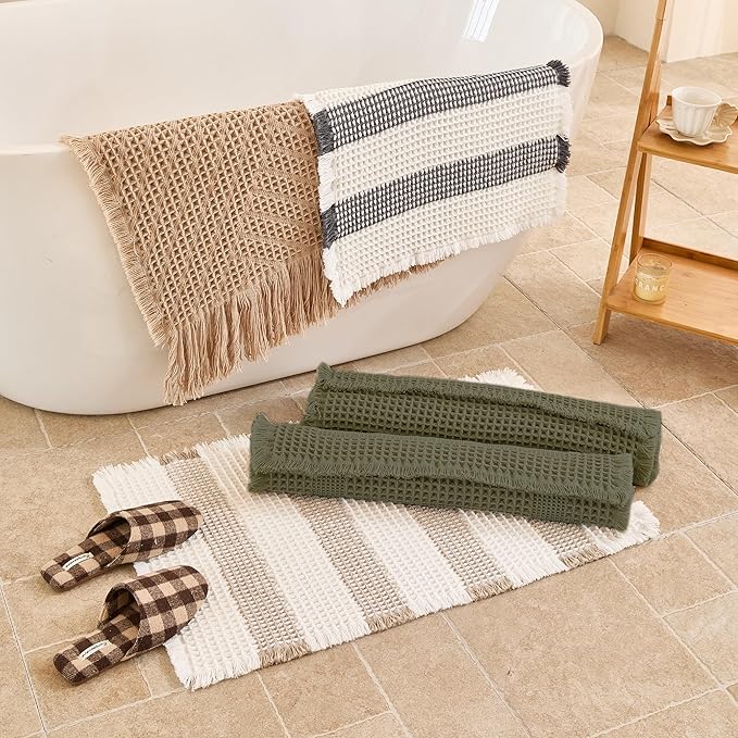 Waffle Bath Mat Non Slip, Boho Runner Rug, Super Absorbent Quick Dry Long Bath Runner Bathroom, Soft Farmhouse Bath Rug with Tassels, Washable Shower Mats for Floor 24"x48", Square Olive Green