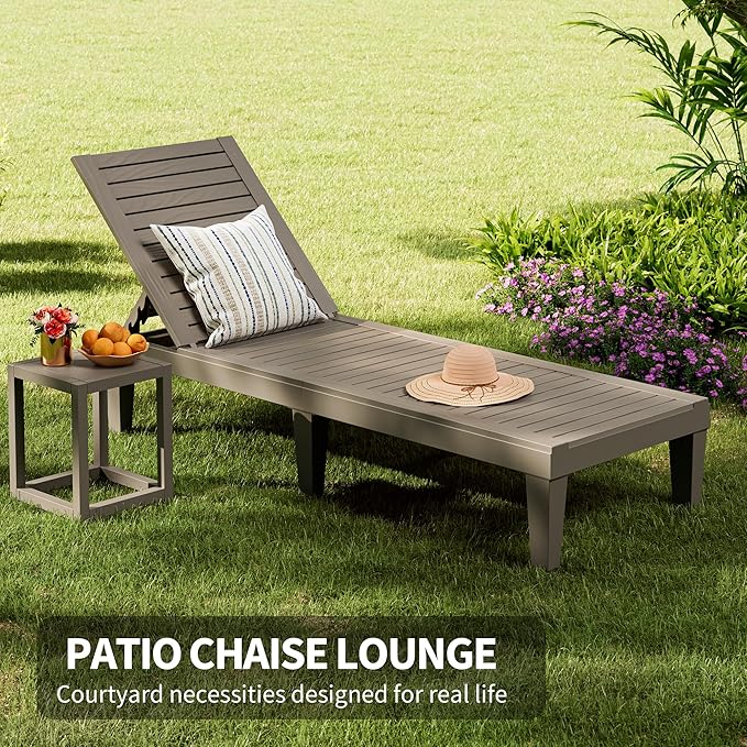 Outdoor Chaise Lounge Chairs Set of 6, 5-Position Adjustable Tanning Lounge Chairs with Wood Texture, All-Weather Resin Patio Lounge Chair for Pool, Garden, Deck, Beach, Striped Grey