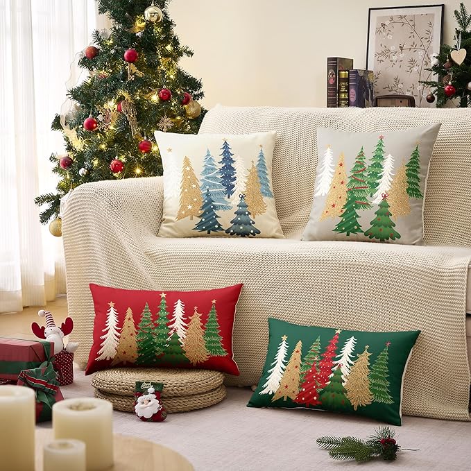 Christmas Pillow Covers 18x18 Inch Set of 2 Blue Decorative Christmas Tree Throw Pillows Linen Winter Holiday Decor for Home Sofa Couch Bed Chair