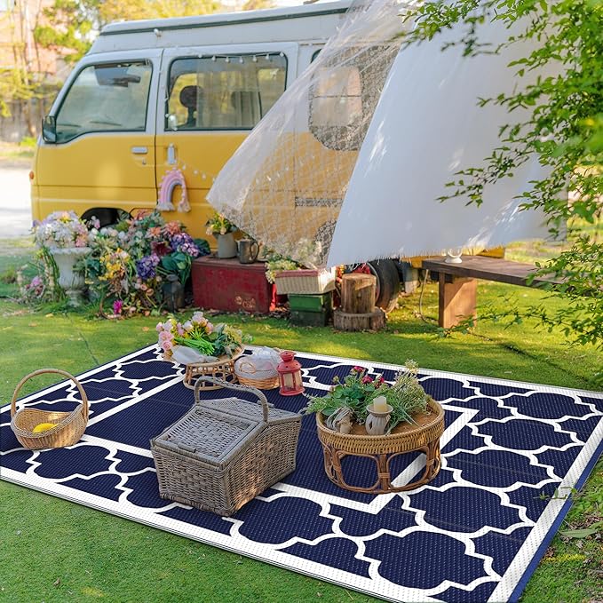 GENIMO 4' x 6' Outdoor Rug Waterproof for Patio Decor, Foldable Reversible Plastic Straw Area Rugs Mat for Camper, Outside Carpet for Rv, Deck, Porch, Picnic, Beach, Balcony, Blue & White