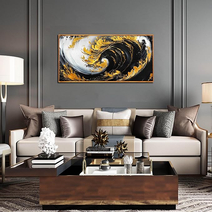 SIXTTART Abstract Black and White Wall Art for Living Room - Gold Modern Wall Art for Office - Framed Canvas Wall Art for Bedroom Size 20" x 40"