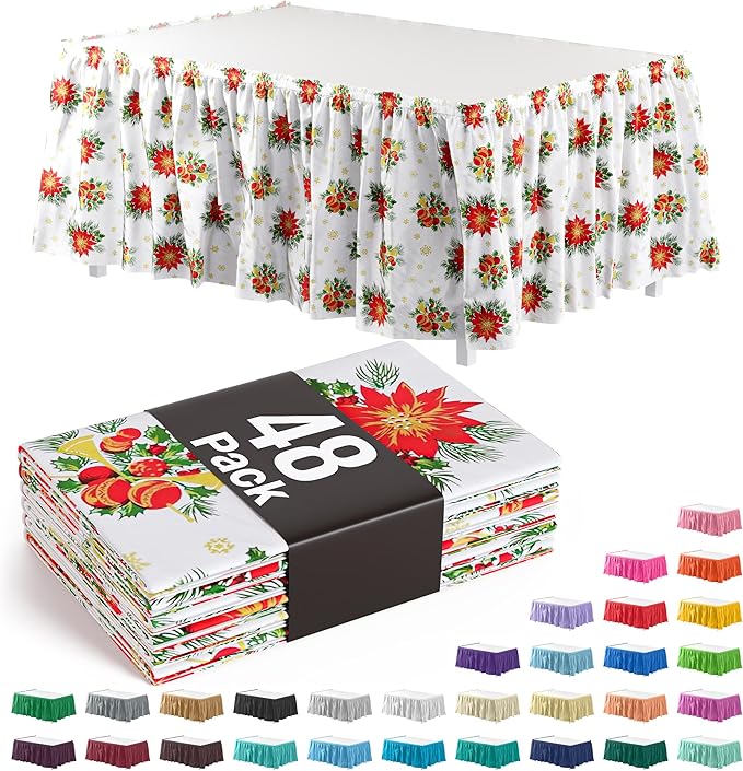 Exquisite Ruffle Table Skirt Holiday 48 Pack 14 Ft Long Table Skirts for Rectangle Tables 6ft Plus or Round Tables Skirts with Adhesive Strip for Gender Reveal Decor & Happy Birthday Parties