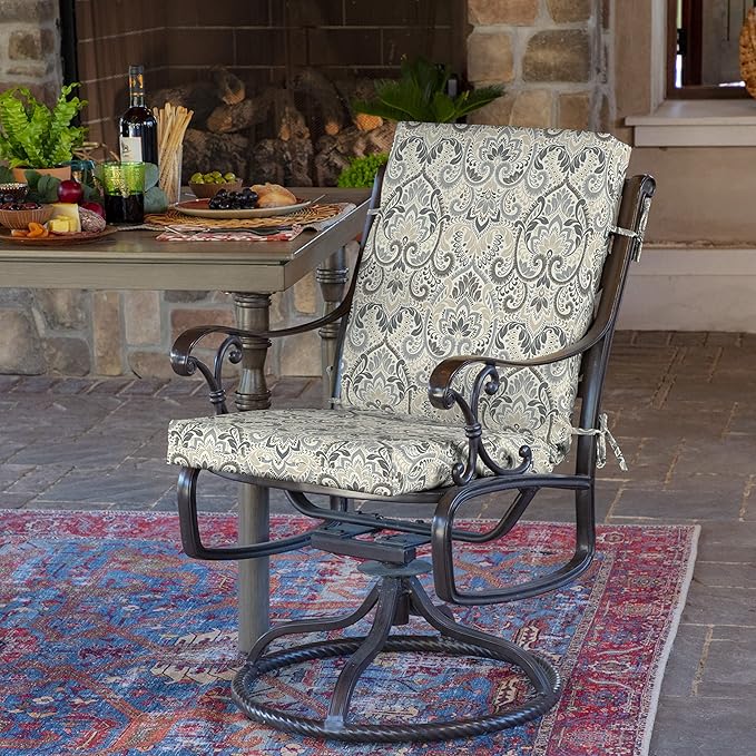 Arden 2-Pack Outdoor Patio Dining Chair Cushion, 20x44, Rain-Proof Seat Pad, Fade-Resistant Outdoor Cushion Neutral Aurora Damask