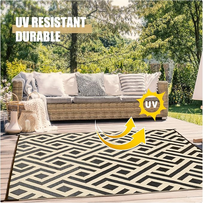 Terrug Outdoor Rug Waterproof 9x12 Ft, Foldable Outdoor Plastic Straw Rug, UV Reversible Patio Rug Decor, Outdoor Area Rug for Camping, RV, Porch, Deck, Backyard, Balcony, Picnic, Black & Beige