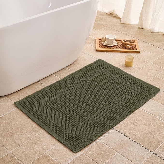 Waffle Bath Mat Non Slip, Boho Bathroom Rug, Super Absorbent Quick Dry Bathroom Mat, Soft Farmhouse Bath Rug with Tassels, Small Washable Shower Mats for Floor 16"x24", Square Olive Green