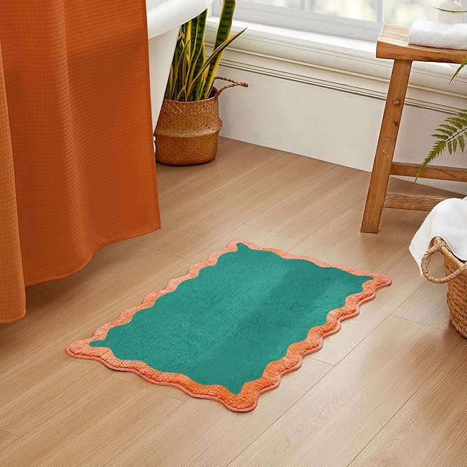MONDAY MOOSE Bath Mat with Scalloped Wavy Ripple Design, Microfiber Absorbent Non Slip Tufted Rug for Floor, Shower or Kitchen (16x24 inch, Teal Peach)