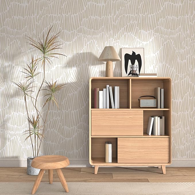 Theper Beige Peel and Stick Wallpaper Boho 17.3"×118" Modern Striped Removable
