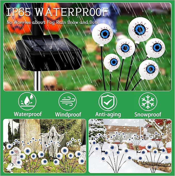 Kohlrabi Halloween Decorations Outdoor, 4 Pack 24 LED Solar Scary Eyeball Swaying Lights, Green Solar Firefly Lights Waterproof Outdoor Garden Light for Halloween Yard Garden Lawn Party Flower Bed