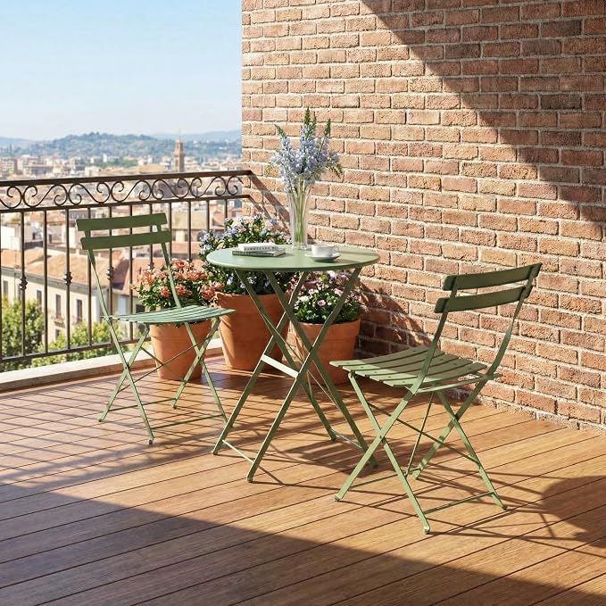 GarveeLife Outdoor Metal Bistro Set, 3-Piece Patio Furniture Set with 2 Chairs and 1 Table, Flat Steel Frame Patio Dining Set for Garden, Balcony, Porch & Backyard,Green