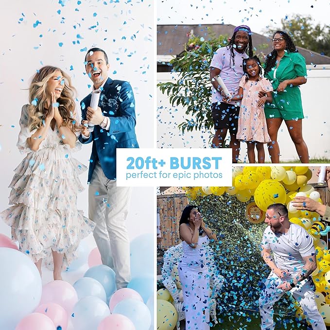 PrimePure Gender Reveal Confetti Cannon - Biodegradable Heart Shaped Confetti Poppers - Blue, 4 Pack - Baby Boy Gender Reveal Party Poppers - Blue Paper Baby Party Supplies Pop Gun