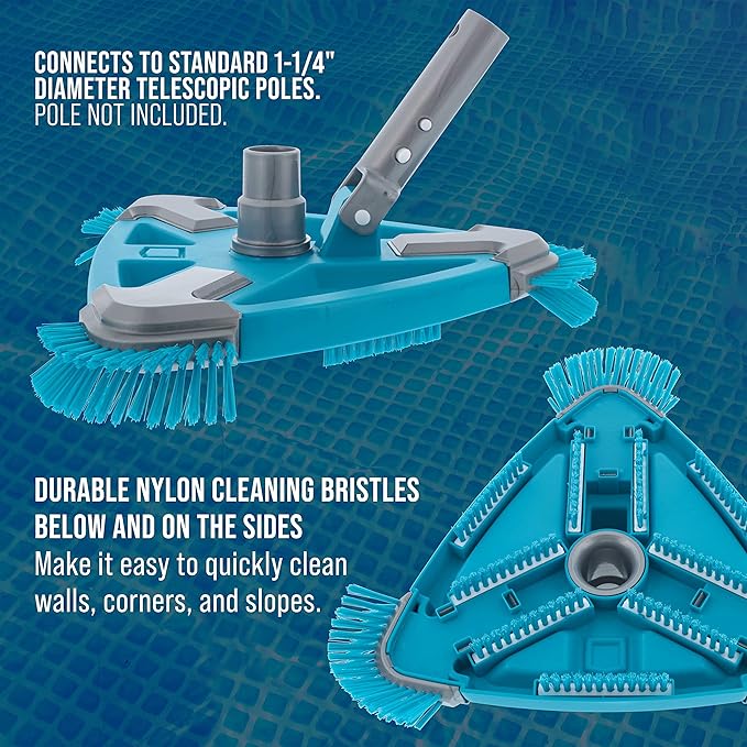 U.S. Pool Supply Deluxe Weighted Triangular Pool Vacuum Head with Side Brushes, Swivel Connection, EZ Clip Handle - For Above Ground & Inground Swimming Pools – Vinyl Liner Floor, Step, Corner Cleaner