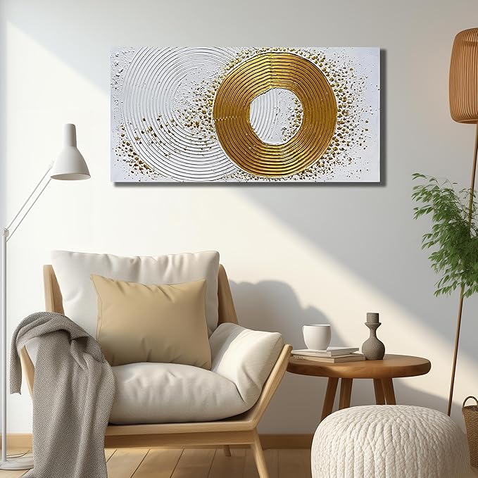 Abstract Hand Painted Wall Art for Living Room White and Gold Wall Decor for Office Circle Wall Art for Bedroom Size 20 x 40 Inch
