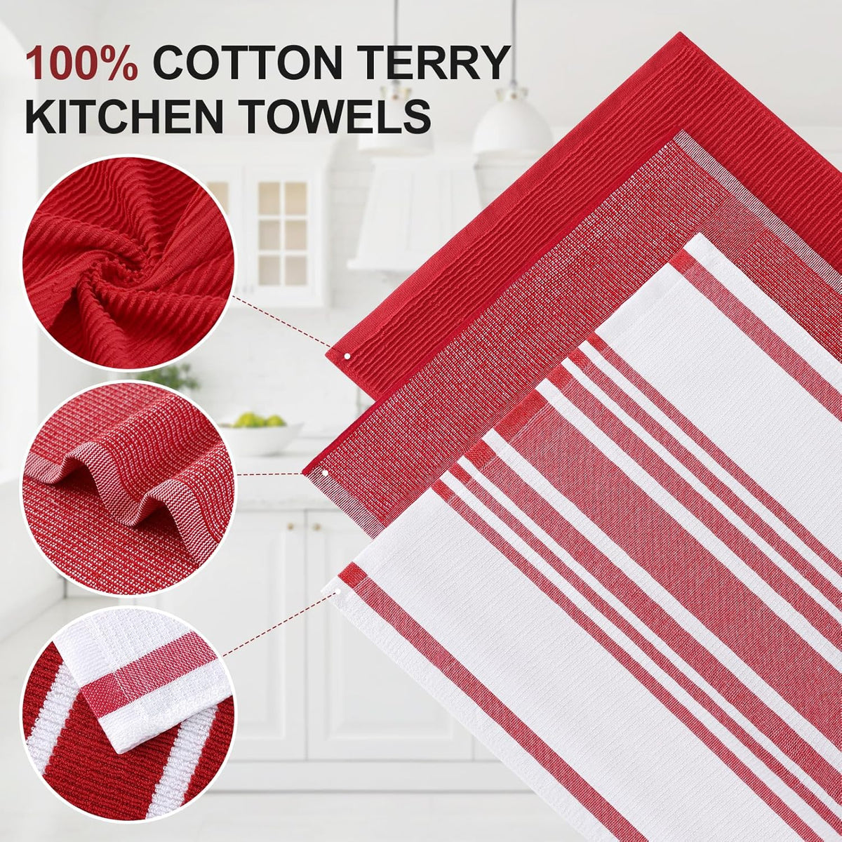 Homaxy Premium Kitchen Towels(18”x 28”, 3 Pack), Large Cotton 380 GSM Kitchen Hand Towels, Soft and Absorbent Terry Dish Towels, Multipurpose Tea Towel Set with Hanging Loop, Red