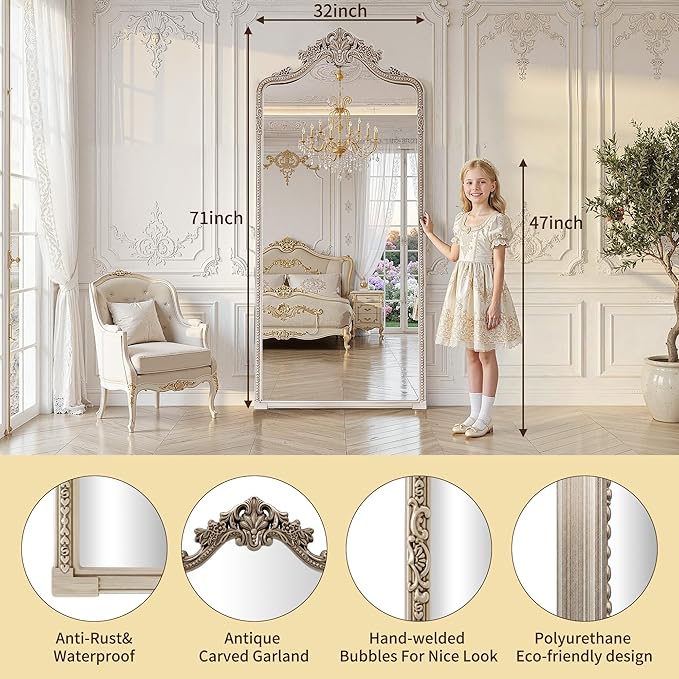 Wall Mount Arched Full Length Mirror, Baroque Antique Vintage Long Mirrors