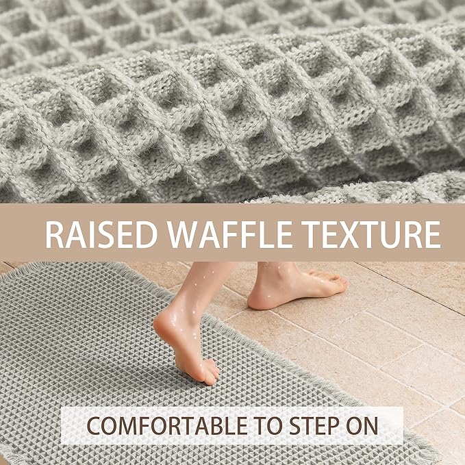 Waffle Bath Mat Non Slip, Boho Runner Rug, Super Absorbent Quick Dry Long Bath Runner Bathroom, Soft Farmhouse Bath Rug with Tassels, Washable Shower Mats for Floor 24"x48", Square Light Grey