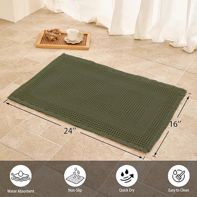 Waffle Bath Mat Non Slip, Boho Bathroom Rug, Super Absorbent Quick Dry Bathroom Mat, Soft Farmhouse Bath Rug with Tassels, Small Washable Shower Mats for Floor 16"x24", Square Olive Green