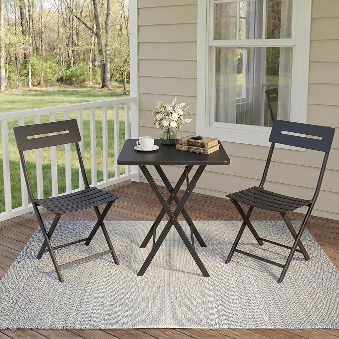 GarveeLife 3 Piece Outdoor Bistro Set, All Metal Patio Table and Chairs Set, Round Tube Iron Bistro Furniture Set for Balcony Porch Garden Cafe, Weather Resistant