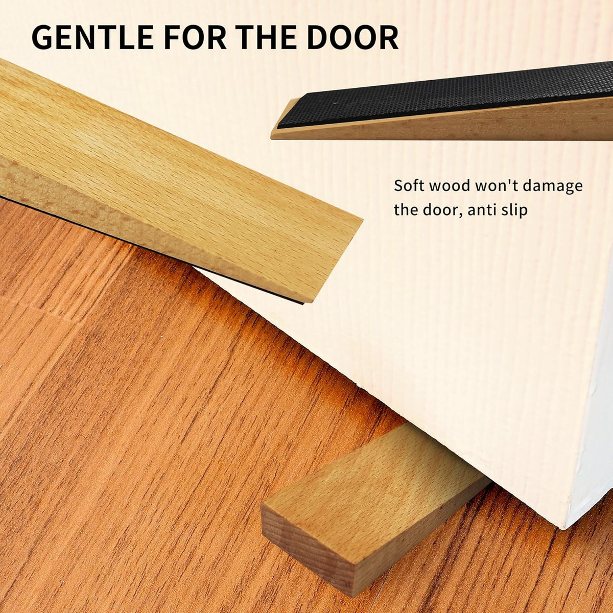 2 Pack Wooden Door Stop - Non-Slip Door Stoppers for Floor - Door Wedges for All Door Types and Surfaces - Each Door Stopper 1.4inch Thick, 4.3inch Long with Rubber