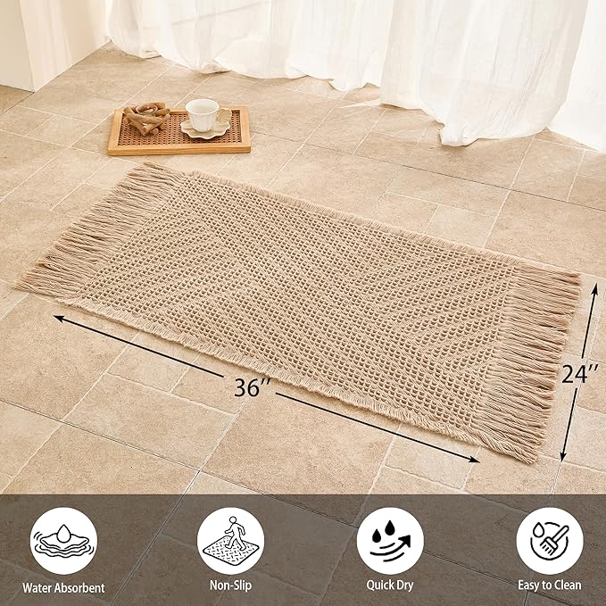 Waffle Bath Mat Non Slip, Boho Bathroom Rug, Super Absorbent Quick Dry Bathroom Mat, Soft Farmhouse Bath Rug with Tassels, Small Washable Shower Mats for Floor 24"x36", Tassels Brown