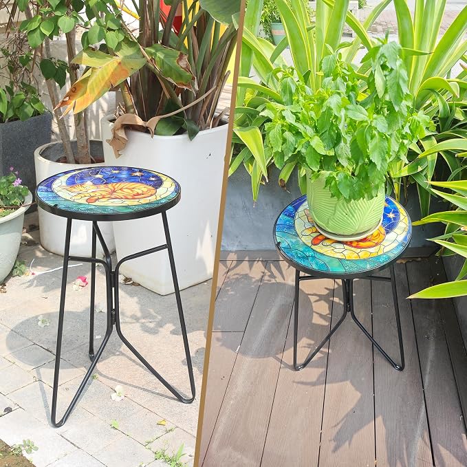 12 Inch Folding Outdoor Side Tea Table,Moon Kitten Small Accent Tables, Plant Tables Indoor,Garden or Living Room Decor Afternoon Tea Dinner Table, Simple Assembly Cast Iron Plant Stand