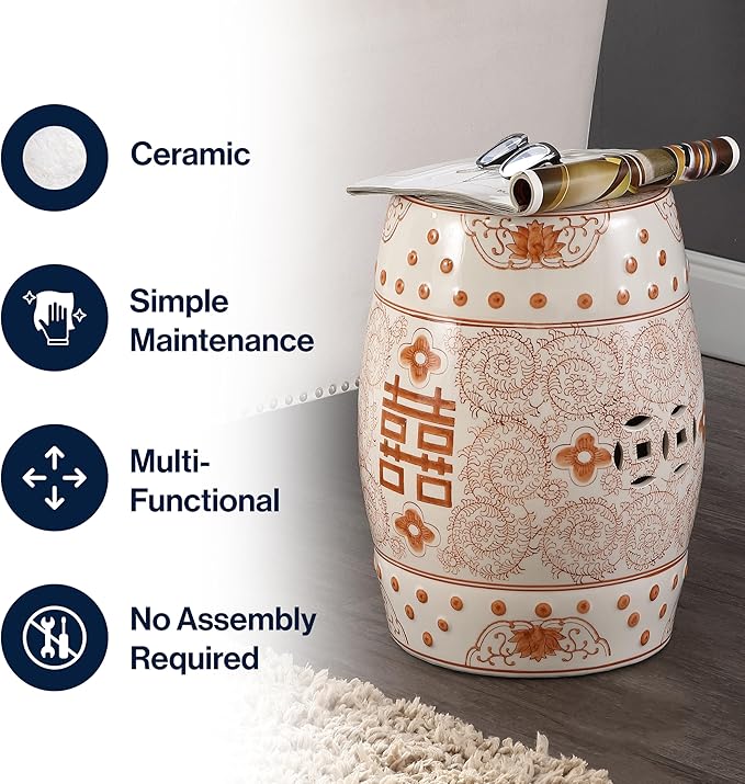 JONATHAN Y Double Happiness 18" Ceramic Garden Stool, Traditional Chinoiserie Orange and White Indoor/Outdoor Patio Drum Accent Side Table and Plant Stand TBL1013D