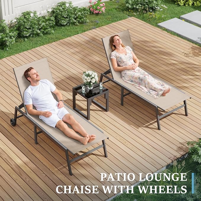UDPATIO 3 Piece Outdoor Lounge Chair Set 2 Adjustable Textilene Chaise Lounges with Wheels & Side Table 5-Position Reclining Rust Free Patio Chairs for Poolside Backyard Garden Deck Beach