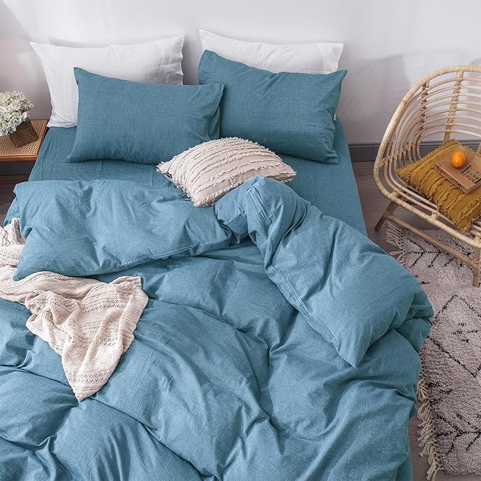 MooMee Bedding Duvet Cover Set 100% Washed Cotton Linen Like Textured Breathable Durable Soft Comfy (Heathered Peacock Blue, Full 80"x90")