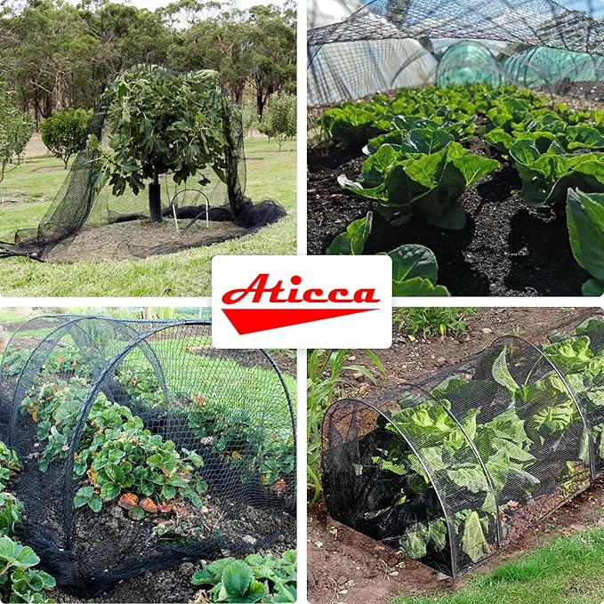 ATICCA Heavy Duty Bird Netting for Garden Protection & Fruit Trees, 7.5x65 Ft with 10 Stakes – Black Anti-Bird Net for Poultry, Deer, & Squirrel Protection, Durable Nylon Mesh for Garden and Yard Use
