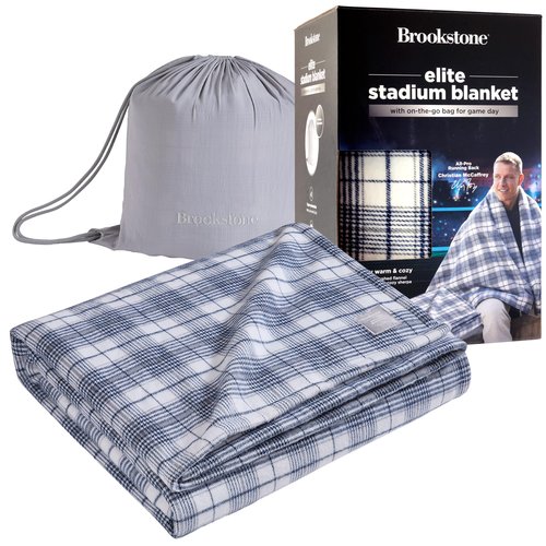 Brookstone Elite Stadium Blanket – Oversized Waterproof Outdoor Blanket 70'' x 60'' - Brushed Flannel & Sherpa, Portable w/Carry Bag, Machine Washable for Tailgating, Sports Events, Fire Pits – Blue