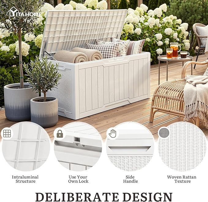 YITAHOME 100 Gallon Large Outdoor Deck Box, Waterproof Resin Storage Box, Lockable Indoor Outdoor Storage Container for Patio Furniture Cushions, Pool Accessories, Garden Tools, White