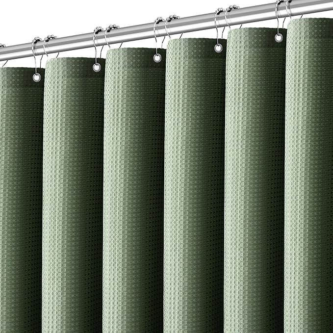 Waterproof Fabric Shower Curtain Extra Long Waffle Weave Heavy Duty Bathroom Shower Curtain Set, 256GSM Weighted Thick Shower Curtain with 12 Rust-Resistant Hooks,72Wx90H Sage Green