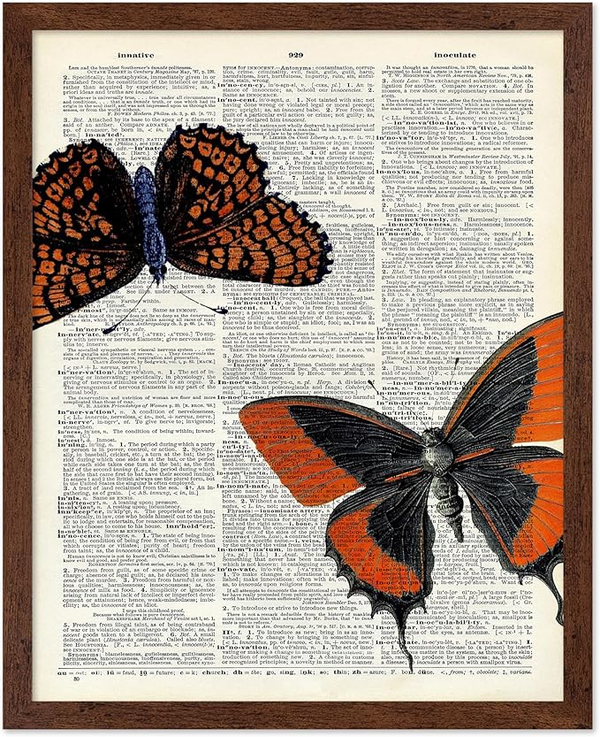 Poster Master Dictionary Art Poster - Butterflies Print - Moth Art - Butterfly Art - Insect Art - Gift for Men, Women & Animal Lover - Chic Decor for Living Room or Bedroom, 11x14 Brown Framed
